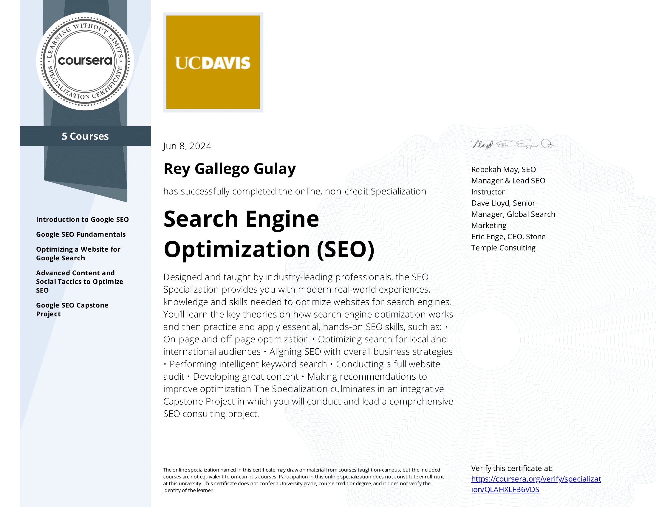 coursera seo certification completion