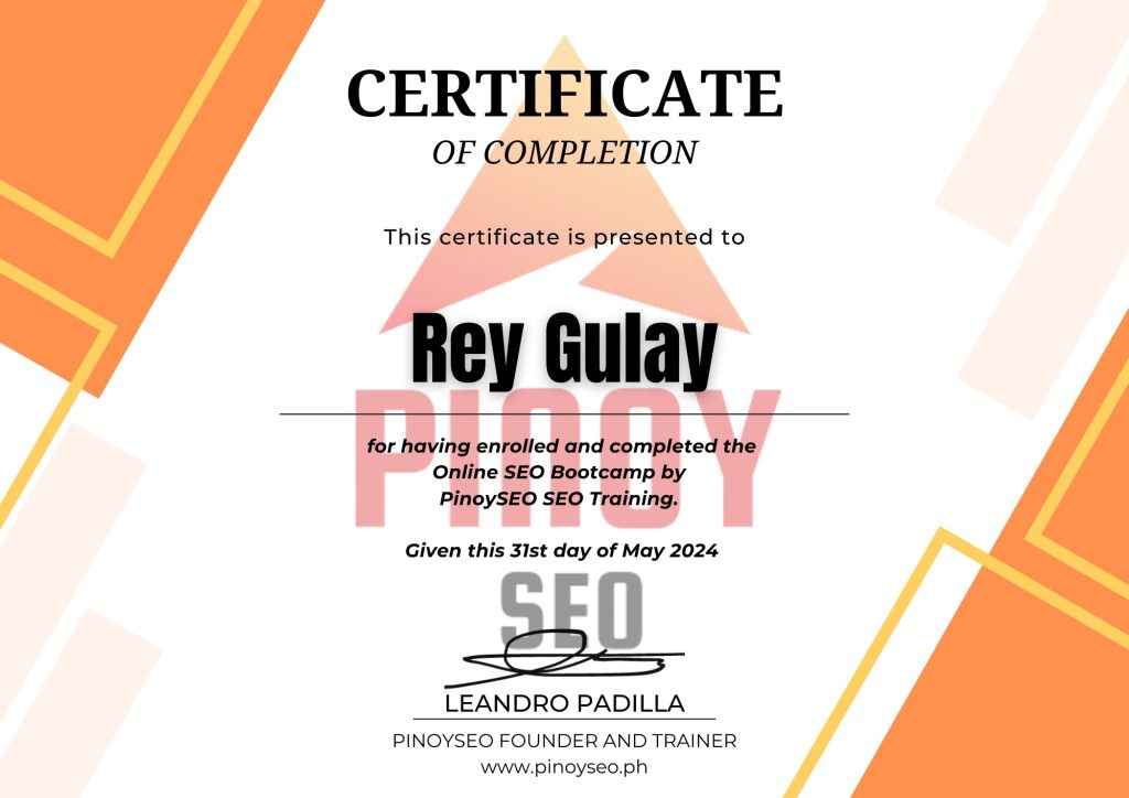 certificate of search engine optimization completion on pinoyseo